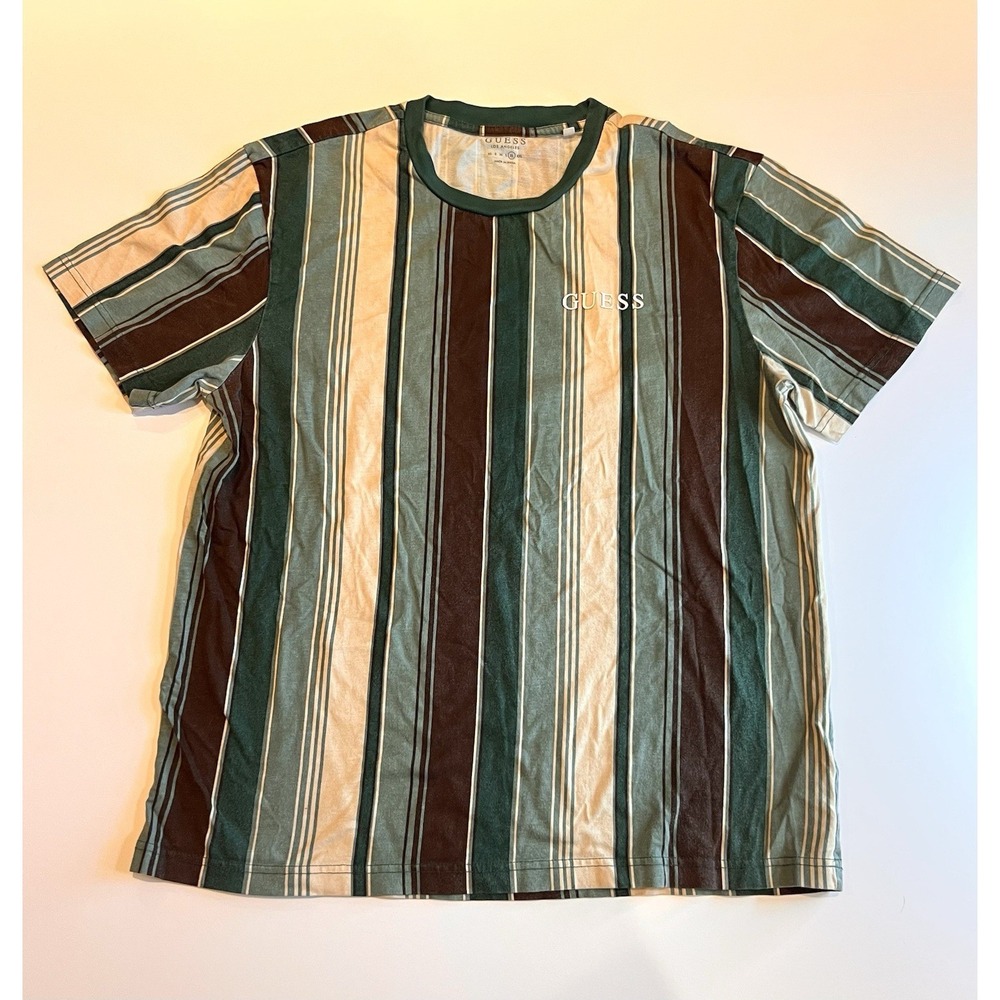 GUESS Originals Shirt Los Angeles Vertical Striped Design XL Green Brown Cream